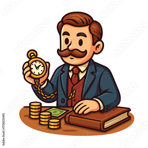 Vintage banker with pocket watch vector cartoon