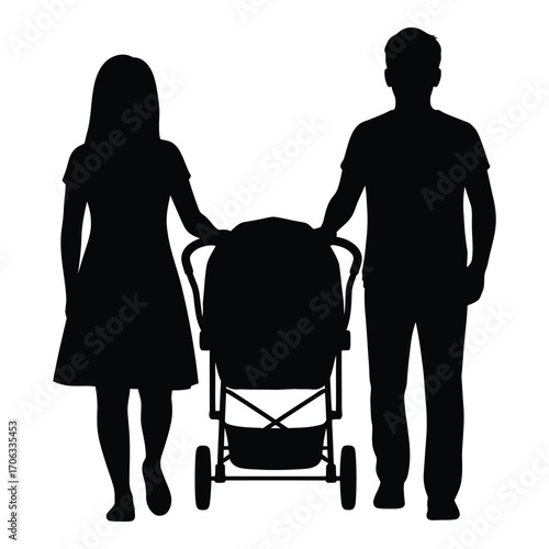 Silhouette of a family with a stroller for baby and child care silhouette