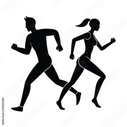 Male and Female Running Silhouette, Athletic Couple Silhouette, Fitness Jogging Silhouette, Running Partners Silhouette, Sprinting Duo Silhouette