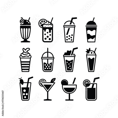 Collection of hand-drawn icons featuring refreshing drinks and cocktails on a