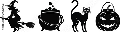 Halloween silhouettes of a witch cauldron black cat and jack o lantern design
