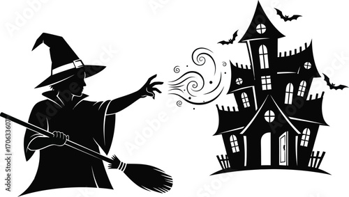 Silhouette of a witch casting a spell on a haunted house with bats flying around