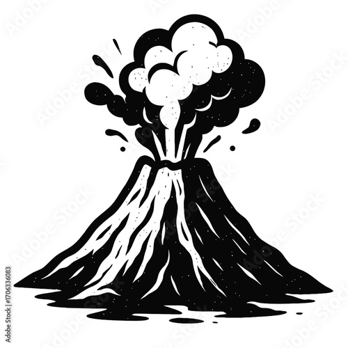 Powerful Black and White Volcanic Eruption Illustration: A Dramatic Depiction of Nature's Raw Force, Spewing Ash and Lava in a Striking Vintage Engraving Style, Capturing Earth's Explosive Majesty and