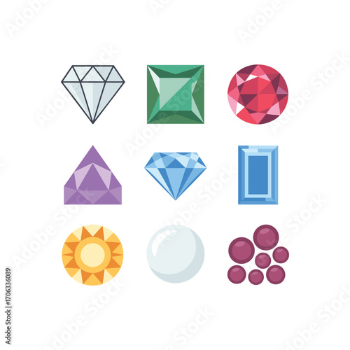 Collection of nine sparkling faceted gemstones and precious stones in various shapes and colors