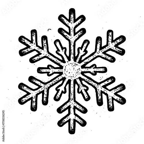 Elegant distressed black and white snowflake icon, perfect for winter holiday designs, Christmas decorations, seasonal greeting cards, digital art projects, frozen themes, and unique frosty graphic el