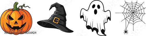 Halloween icons featuring a pumpkin witch hat ghost and spider web design