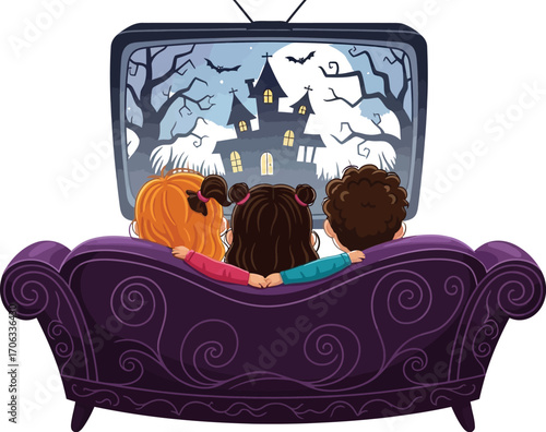 Children watch a spooky halloween movie on tv while sitting on a purple couch