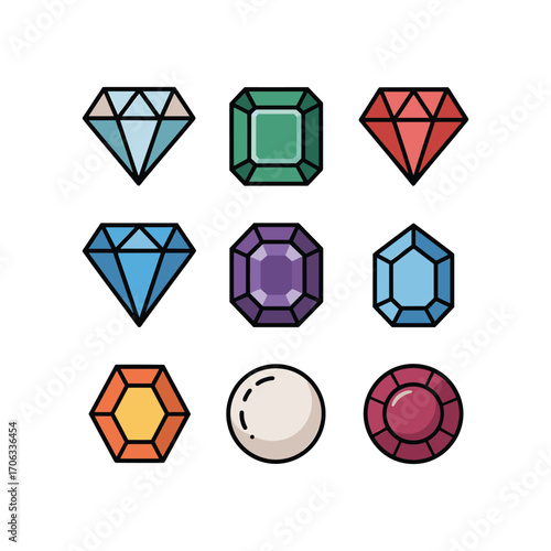 Collection of nine colorful gemstones various shapes and facets including diamonds and rubies
