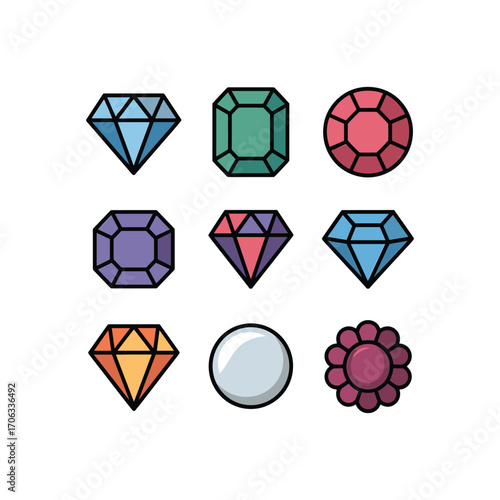 Collection of nine colorful faceted gemstones and precious jewels arranged in a grid pattern
