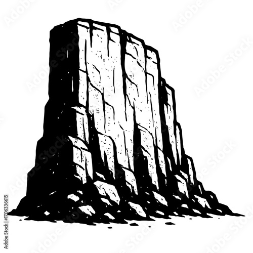 Vintage woodcut illustration of a towering mesa cliff. Features dramatic vertical rock faces and a rugged, debris-strewn base. Black and white line art capturing imposing natural grandeur, classic geo