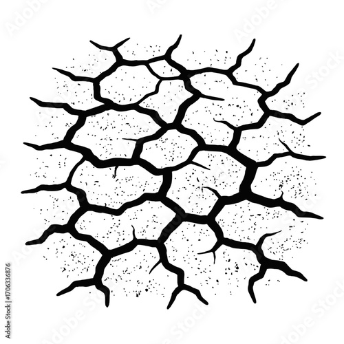 Black and white vector illustration of circular, severely cracked earth texture. Intricate, high-contrast dark fissures on speckled white. Symbolizes drought, desiccation, soil erosion, environmental