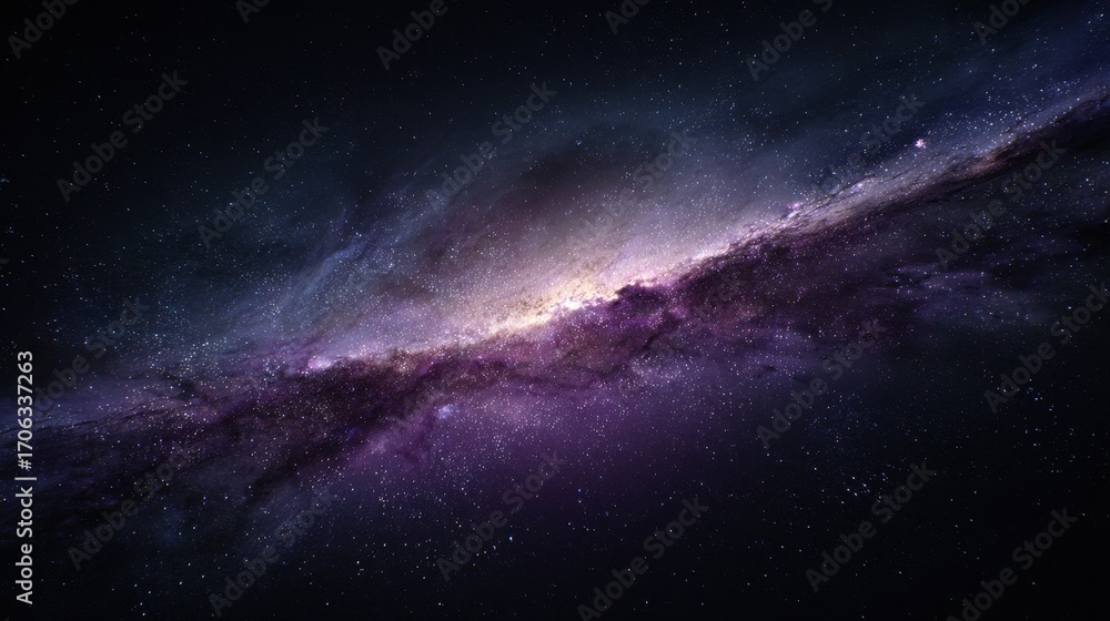 Naklejka premium Celestial River - A Luminous Purple and Gold Nebula Flowing Diagonally Across Deep Space.