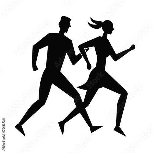 Male and Female Running Silhouette, Athletic Couple Silhouette, Fitness Jogging Silhouette, Running Partners Silhouette, Sprinting Duo Silhouette