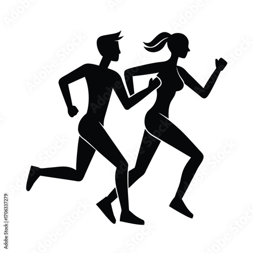 Male and Female Running Silhouette, Athletic Couple Silhouette, Fitness Jogging Silhouette, Running Partners Silhouette, Sprinting Duo Silhouette