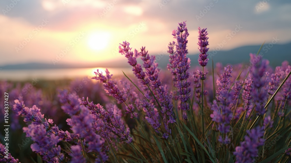Naklejka premium Lavender Field at Sunset with Soft Golden Light and Hazy Horizon