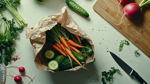 Freshly harvested vegetables in a paper bag on a kitchen counter, surrounded by cooking tools and herbs