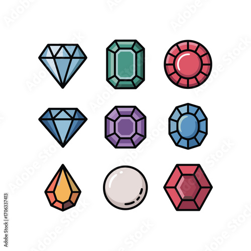 Collection of nine colorful precious gemstones and diamonds in a grid arrangement with outlines