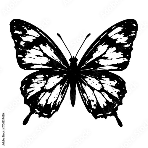 Stunning monochrome butterfly silhouette with highly detailed wing patterns, perfect for elegant graphic design projects, nature-inspired decor, or unique artistic expressions, offering a striking vis