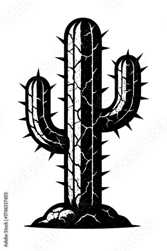 Striking Black and White Saguaro Cactus Illustration: A Distressed, Grunge-Textured Desert Plant Artwork with Sharp Thorns, Ideal for Western Themes, Edgy Designs, Botanical Graphics, T-Shirts, and So