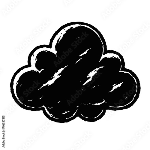 Black grunge textured cloud icon illustration, depicting a distressed brush stroke effect, perfect as a versatile weather symbol graphic, digital data storage concept, or an artistic design element.