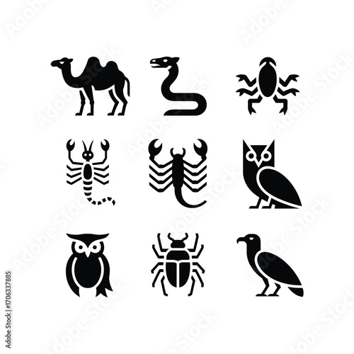 Collection of nine distinct silhouette icons representing desert animals and nocturnal creatures in a grid layout