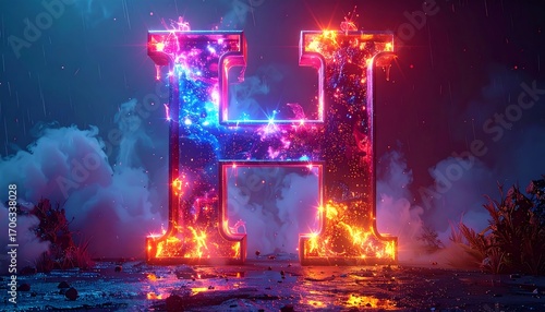 Burning letter 'H' on a wet surface