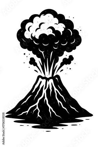 Stark black and white vector illustration of a powerful volcanic eruption, featuring a colossal ash cloud and smoke bursting from the crater. Dynamic lava flows descend the mountain's base, highlighti
