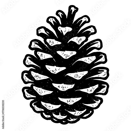 Monochrome pine cone illustration, highly detailed black and white rustic botanical graphic. Hand-drawn, engraving-style art for woodland, winter decor, natural design projects. Isolated conifer seed