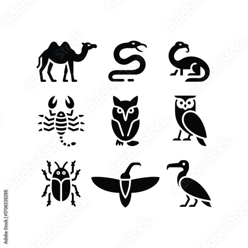Collection of nine egyptian hieroglyphic animal symbols including camel snake scarab owl and bird