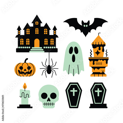Spooky halloween icons collection haunted house pumpkin bat ghost skull spider candle coffins candy