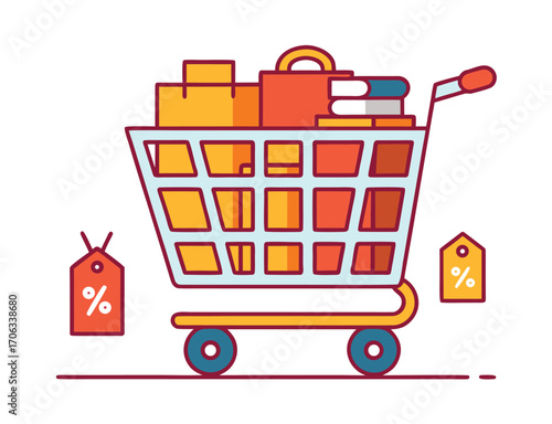 Shopping Cart Full of Boxes and Bags with Price Tags Illustration Design