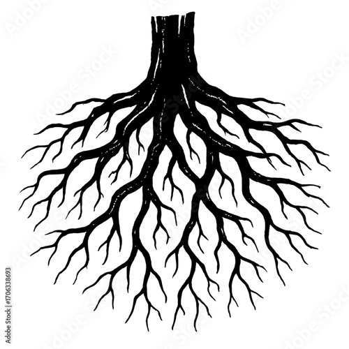 Striking black and white silhouette artwork featuring a robust, intricately detailed tree root system, showcasing the powerful, branching network extending downwards from a solid trunk, symbolizing st