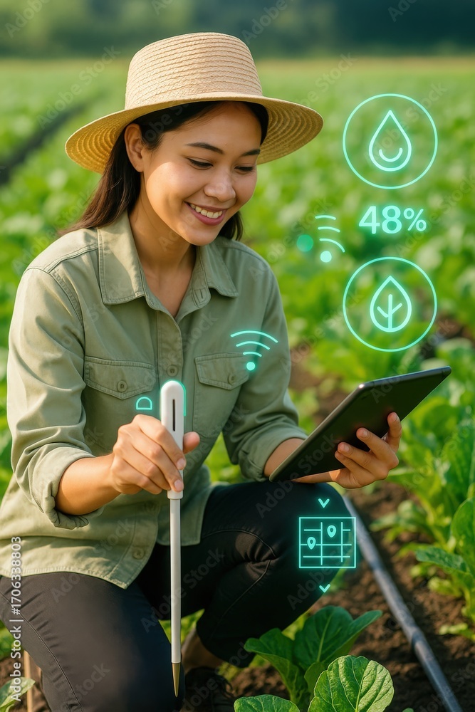 custom made wallpaper toronto digitala woman farmer happily utilizes digital agricultural technology in her green field