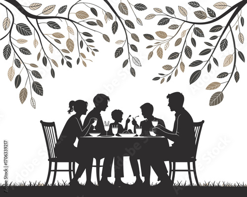 Silhouette of family dinner under tree branches, outdoor eating vector illustration, perfect for lifestyle, picnic, bonding, or seasonal design themes
