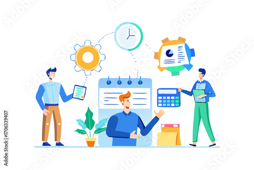 Business professionals planning and organizing tasks with a calendar, calculator, and clock