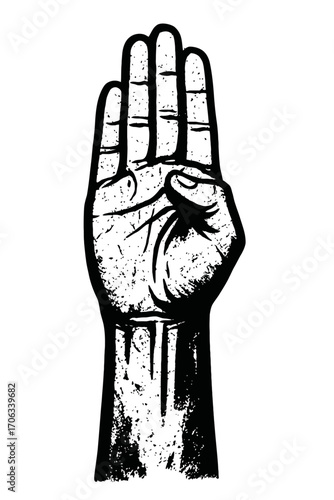 Distressed Black and White Scout Sign Vector Illustration: Hand with Three Fingers Up, Thumb Folded, Symbolizing the Scouting Movement's Core Values, Brotherhood, and Service to Community and Nature.