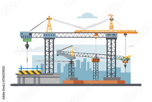 A construction site with multiple towering cranes against a backdrop of a city skyline, symbolizing development and progress