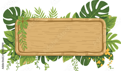Wooden signboard surrounded by lush tropical green leaves, jungle foliage frame, natural wooden texture, blank rustic banner for text or message