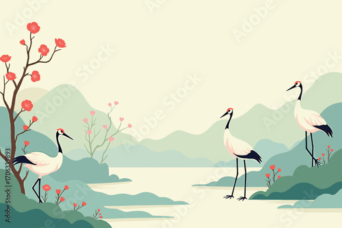 Chinese painting with cranes in calm mood by water with nature background copy space