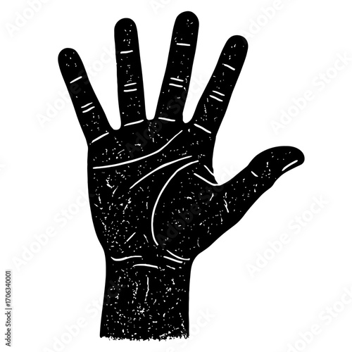 Black distressed hand silhouette, open palm, white lines, minimalist vector illustration. Represents human anatomy, number five, stop gesture, welcome, high-five. Ideal for graphic design, icons, logo