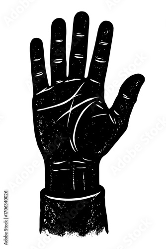 Vintage Black Silhouette of Left Hand with Intricate Palmistry Lines. Ideal for Chiromancy, Fortune Telling, Esoteric Art, Mystical Themes, Spiritual Content, Hand Reading & Divination Graphics. A Str