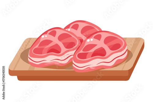 Three raw beef steaks on a wooden cutting board
