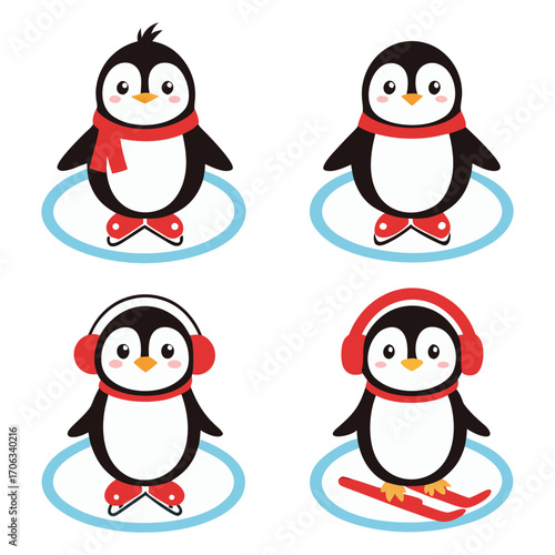 Four adorable cartoon penguins dressed for winter fun
