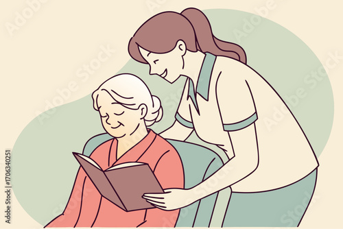 Elderly woman hugged gently by a caregiver in supportive comforting scene