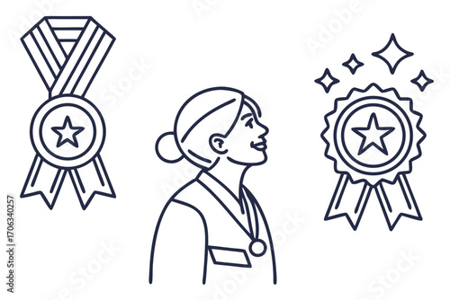 Employee recognition icons – medal, award badge, employee of month symbol in line style