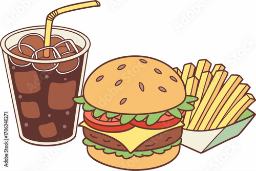 Fast food combo of burger, fries, and soda drink