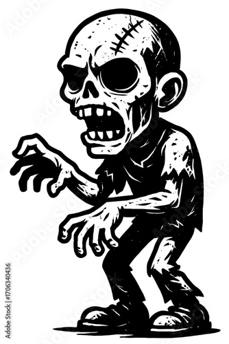 Black and white cartoon zombie illustration. High-contrast graphic of a lurching undead creature with a stitched head, vacant eyes, gaping mouth, and tattered clothes. Ideal for Halloween, horror, spo