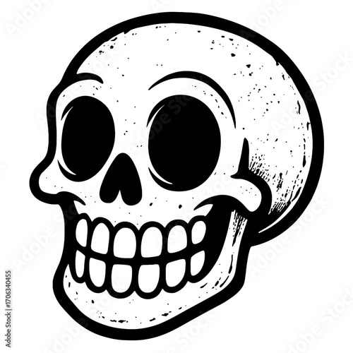 Charming Cartoon Skull Illustration: A Playful Yet Spooky Black and White Vector Artpiece with Distinctive Grunge Textures, Ideal for Halloween Decorations, Gothic-themed Designs, or Unique Artistic P