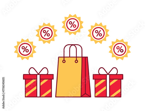 Shopping Bag with Presents and Discount Signs Represents a Holiday Sale