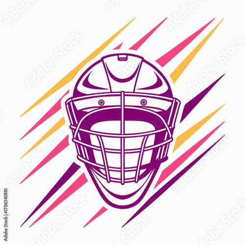 Purple hockey goalie mask with colorful streaks background